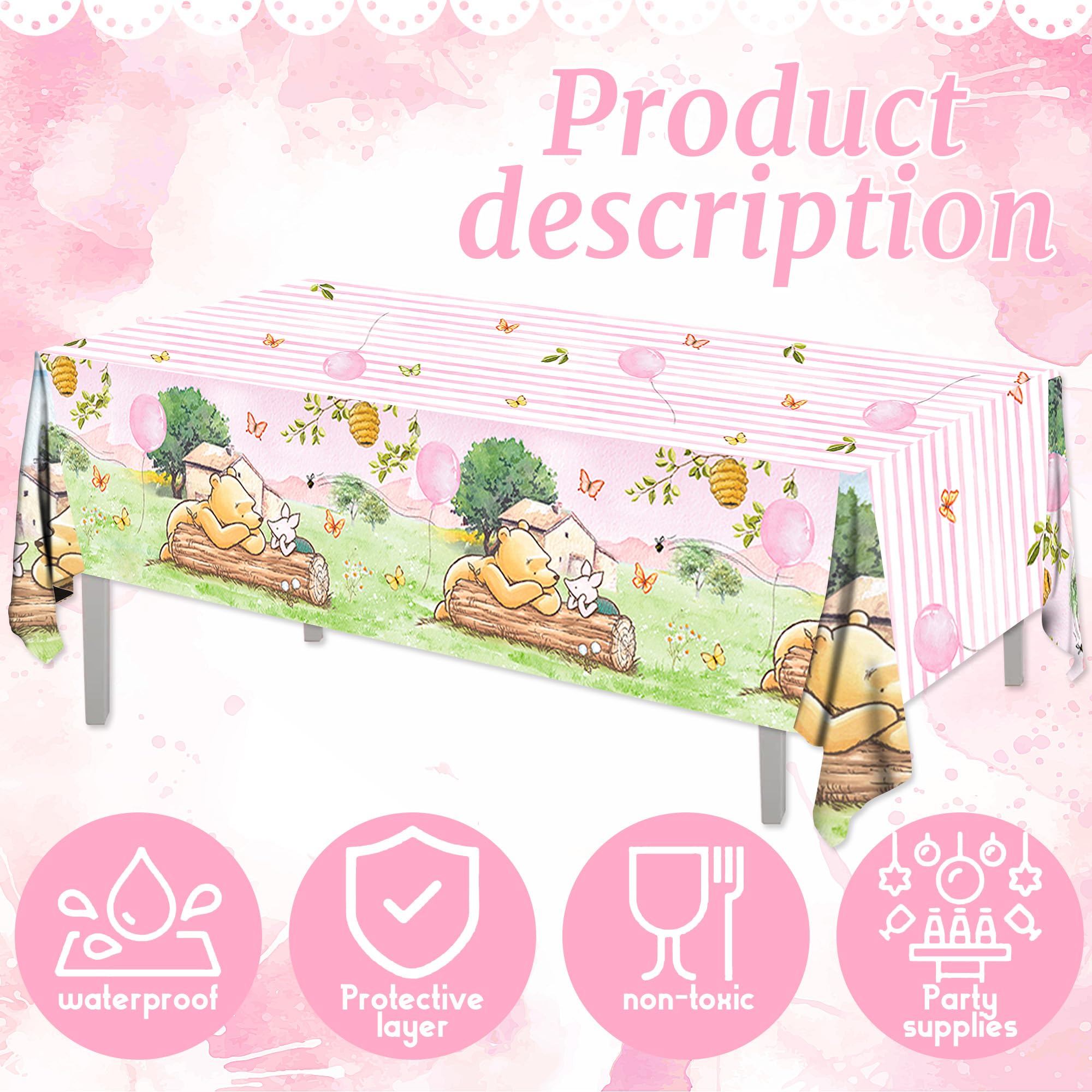 FOLNESH pink bear decor with balloons and trees creates a playful party ambiance.