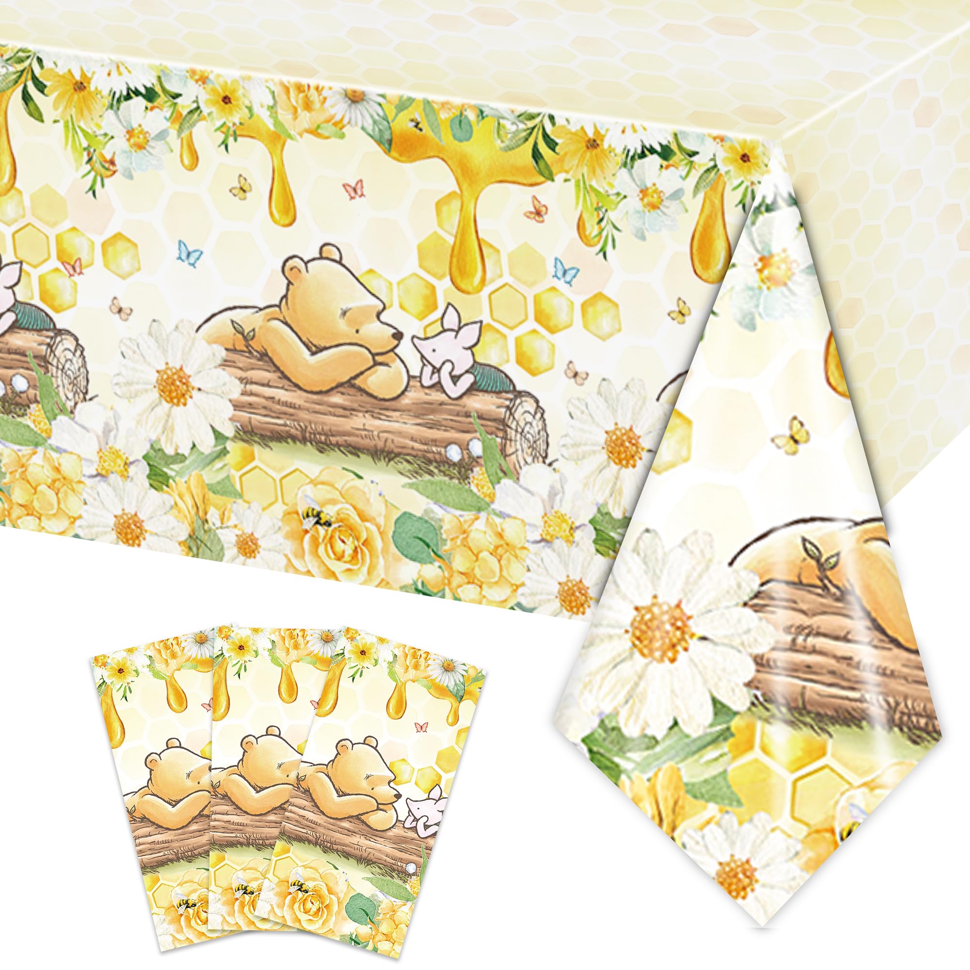 FOLNESH Winnie Bear tablecloth set on a rectangular table, protecting surfaces during a kid's party.