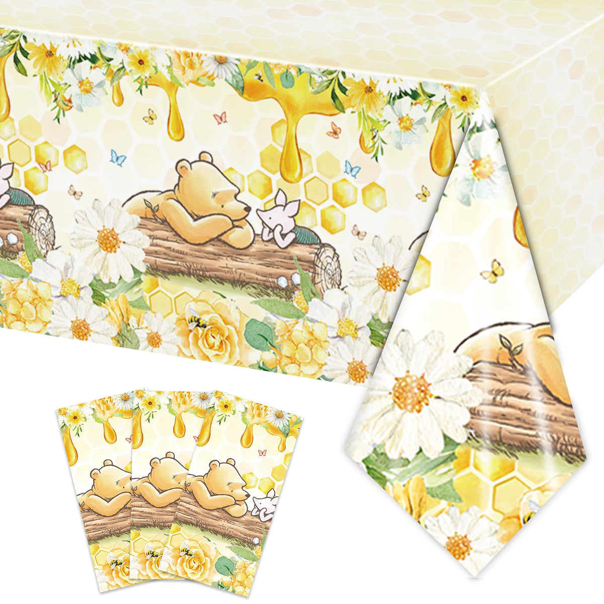 FOLNESH Winnie Bear tablecloth set on a rectangular table, protecting surfaces during a kid's party.