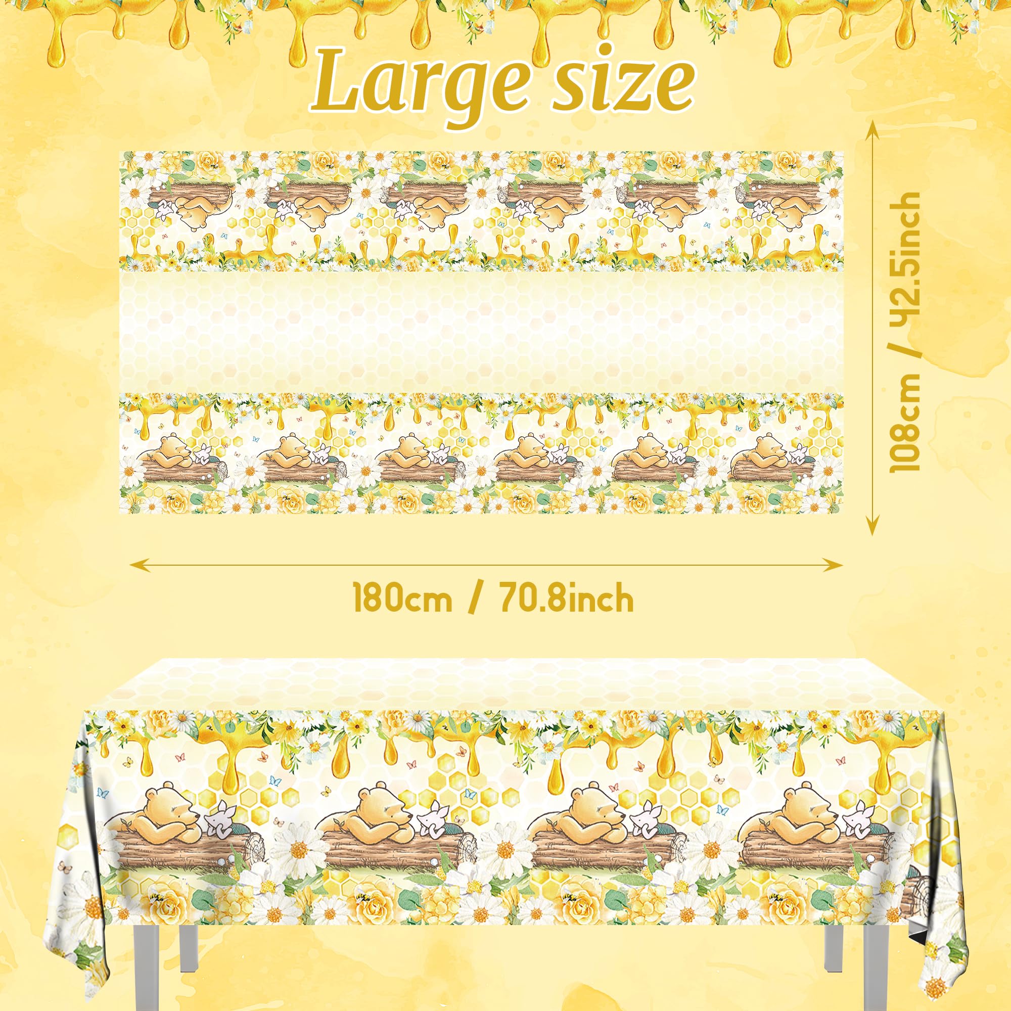 FOLNESH yellow Winnie Bear theme tablecloth adds cute ambiance to baby shower.