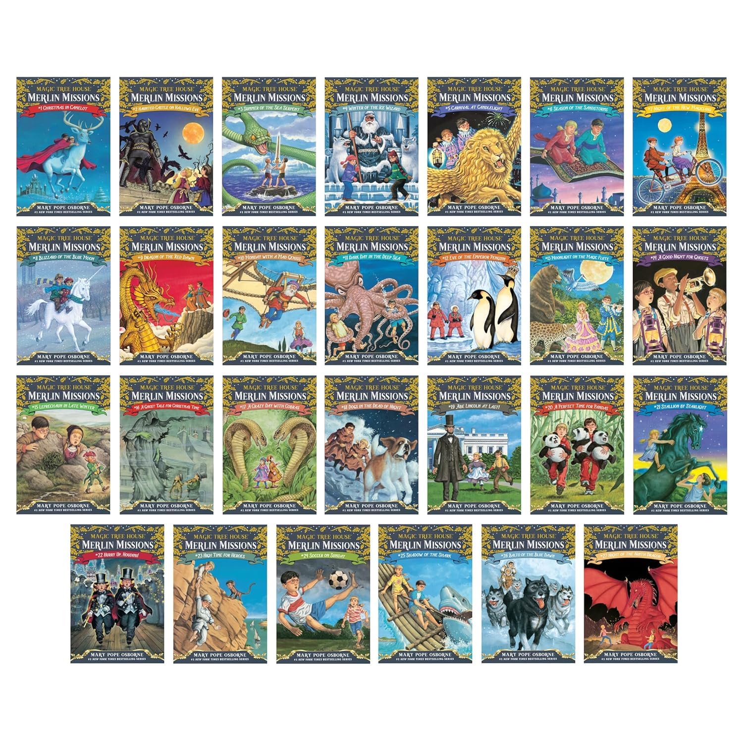 Folrebas Tree House Merlin mission 1-27 box spines—easy to browse.