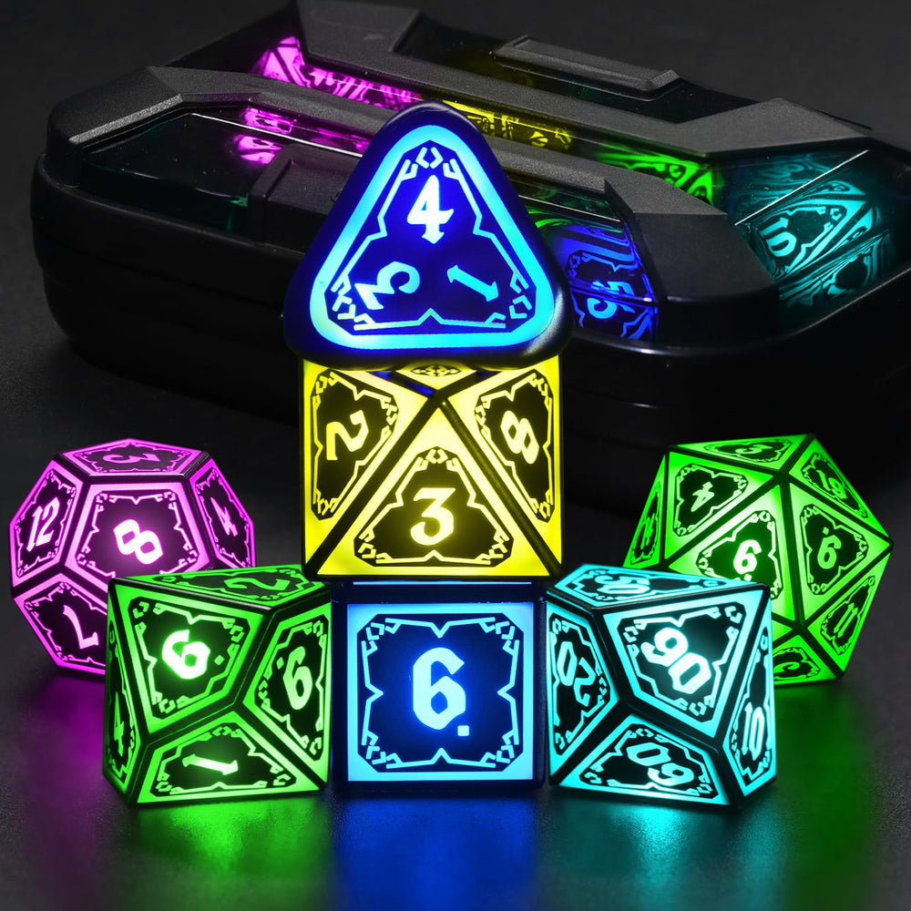 FONVGOGO Astral Shard Black dice set glowing in a dim dungeon atmosphere.