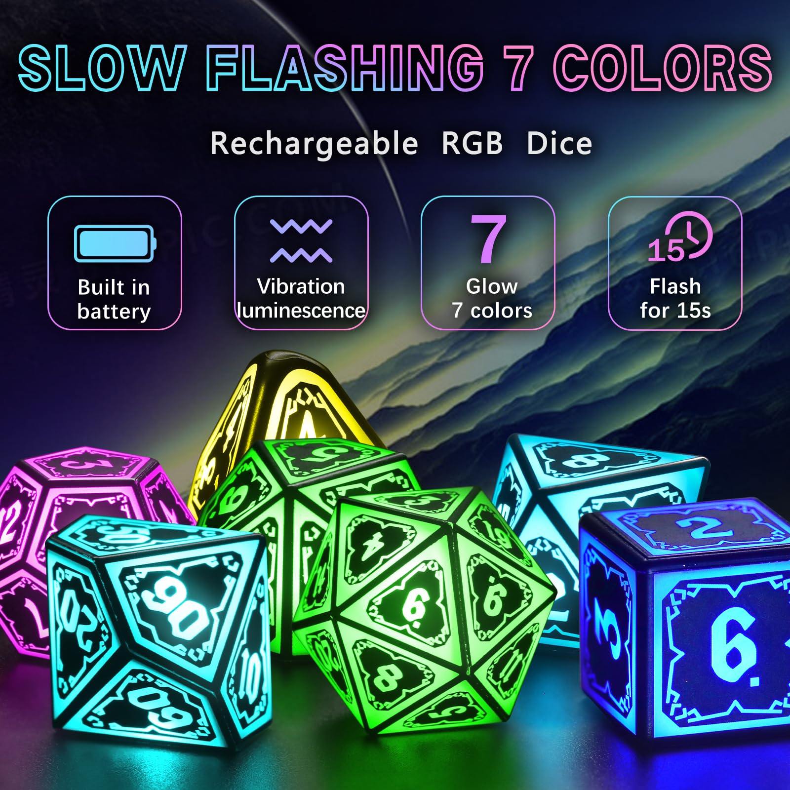 FONVGOGO RGB LED DND dice displaying seven colors during a critical roll.