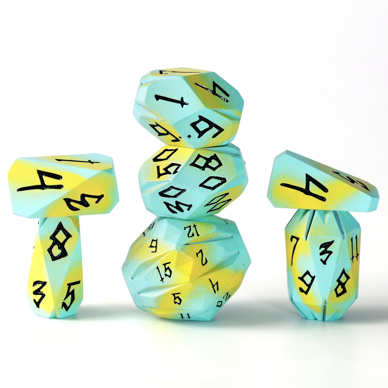 FONVGOGO metal DND dice in blue-yellow close-up for immersive play