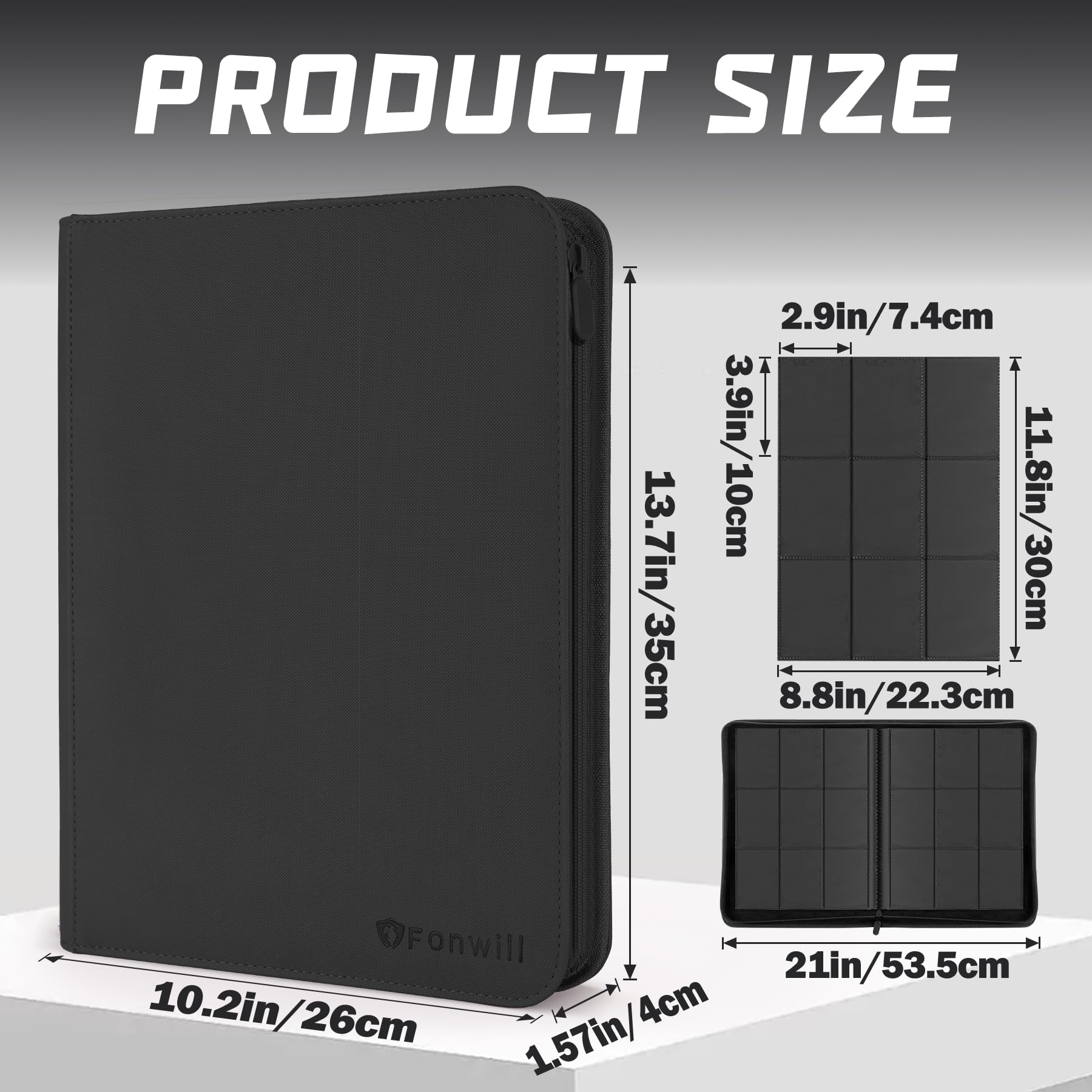 Fonwill binder side-loading pocket closeup highlighting secure card retention.