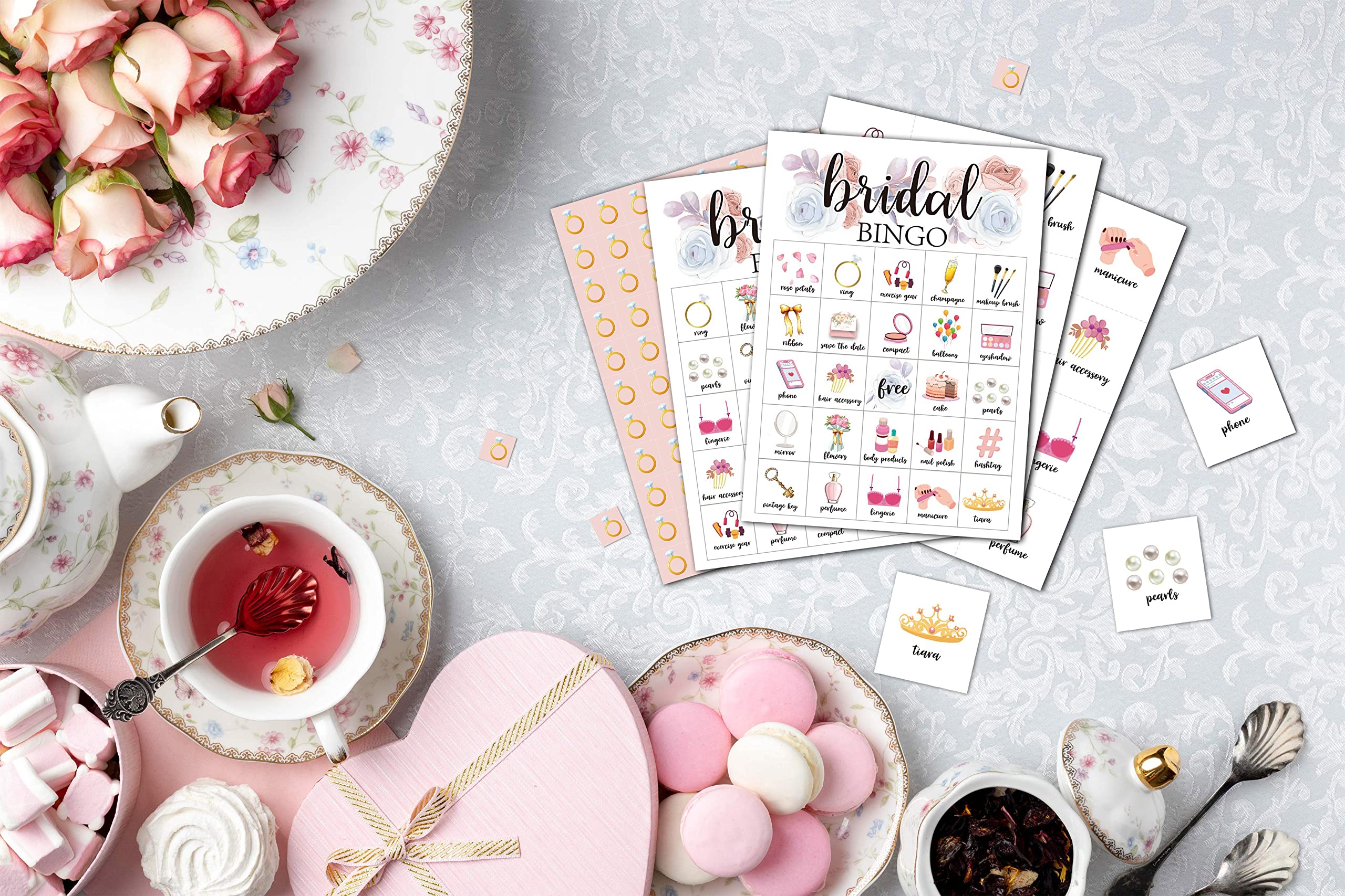 Foosproea bridal bingo cards showing easy-to-cut dotted lines for quick setup.