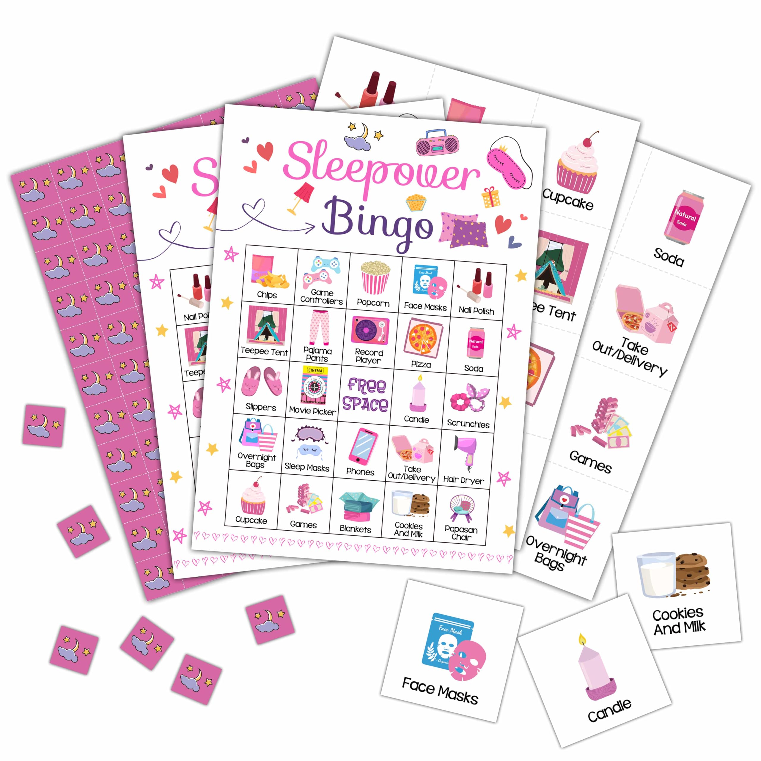 Foosproea Sleepover Bingo Cards with 24 unique patterns for lively pajama parties