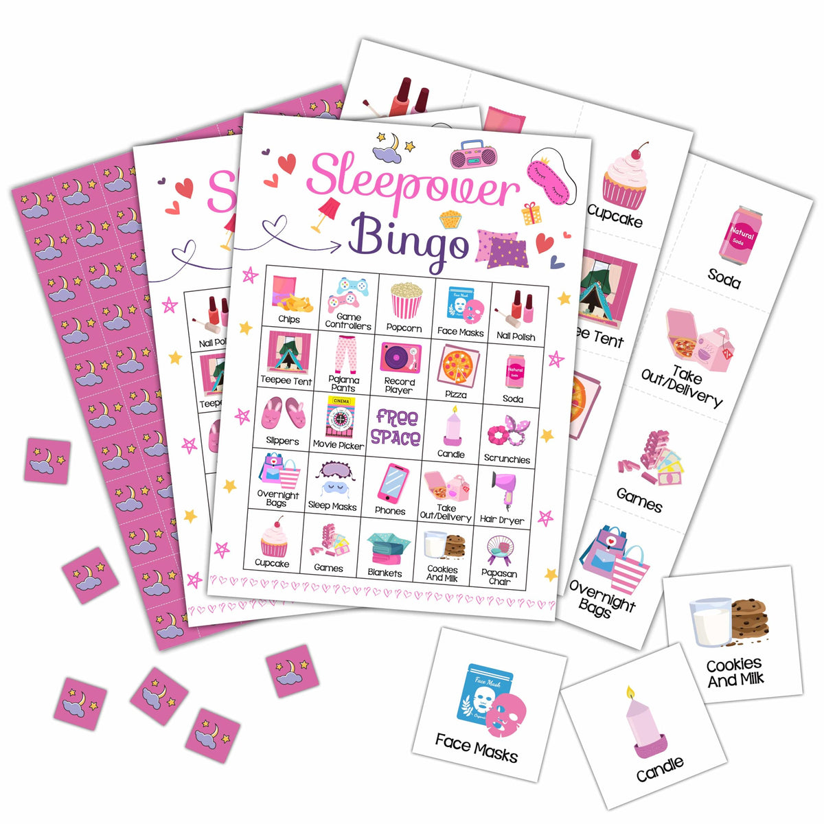 Foosproea Sleepover Bingo Cards with 24 unique patterns for lively pajama parties