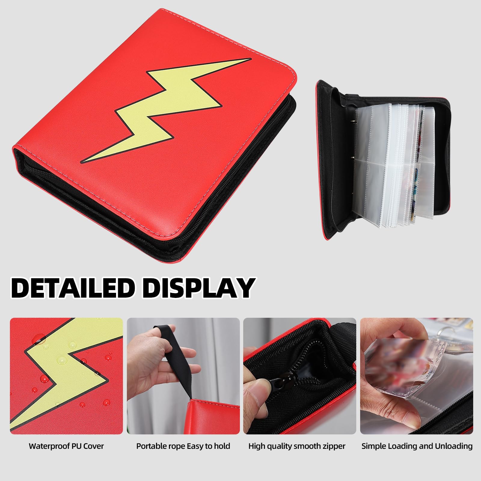 FootJKYX 4-pocket binder closeup with durable zipper keeps cards secure.
