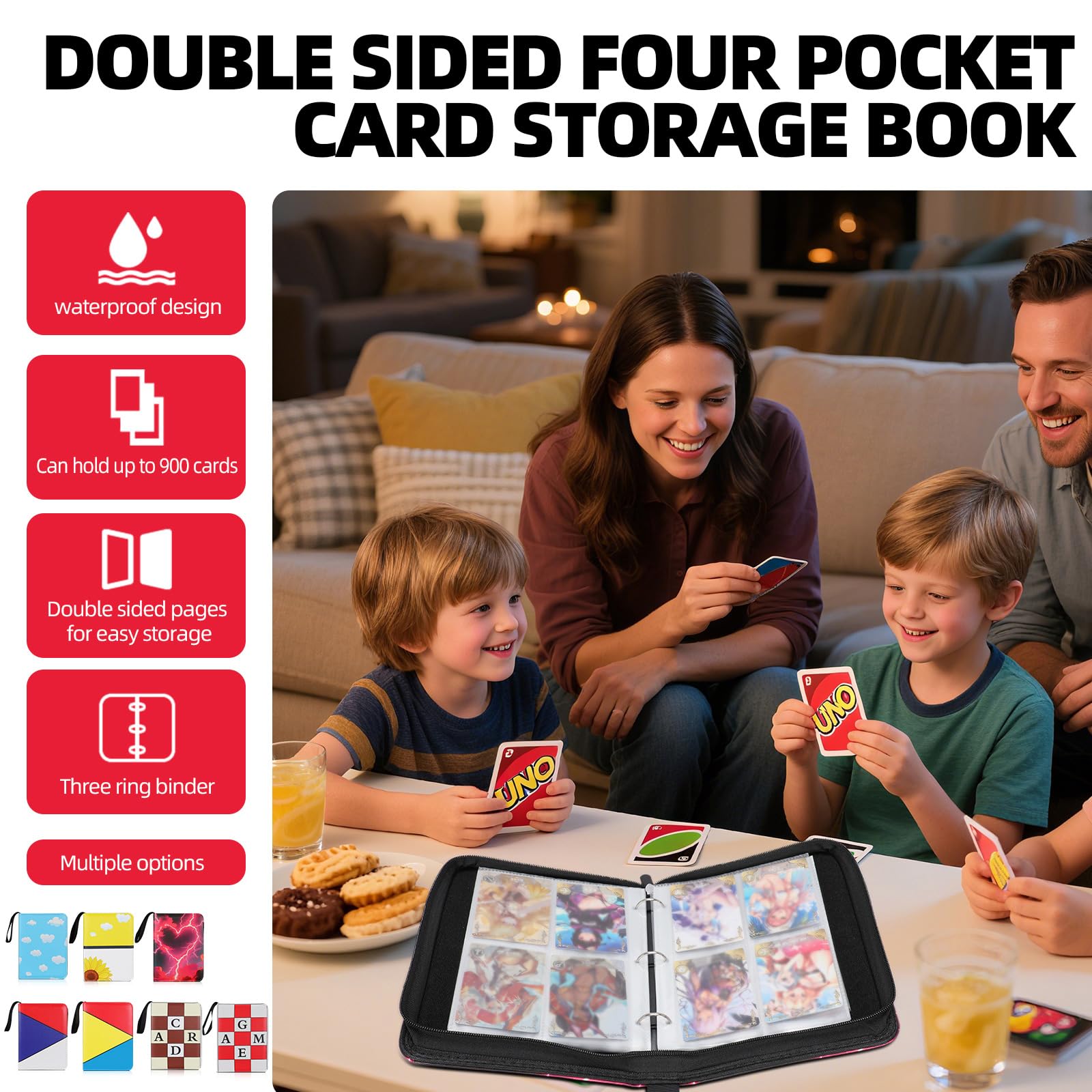 FootJKYX binder interior showing capacity for 400 cards with removable sleeves