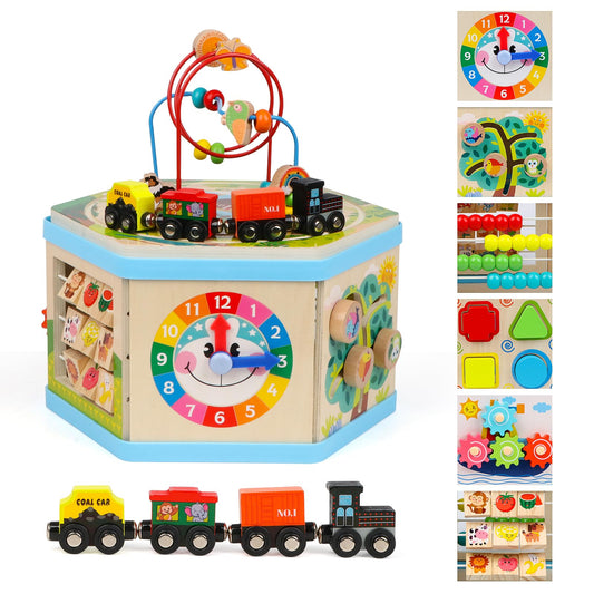 FOPNETS wooden activity cube bead maze boosts fine motor skills during play.