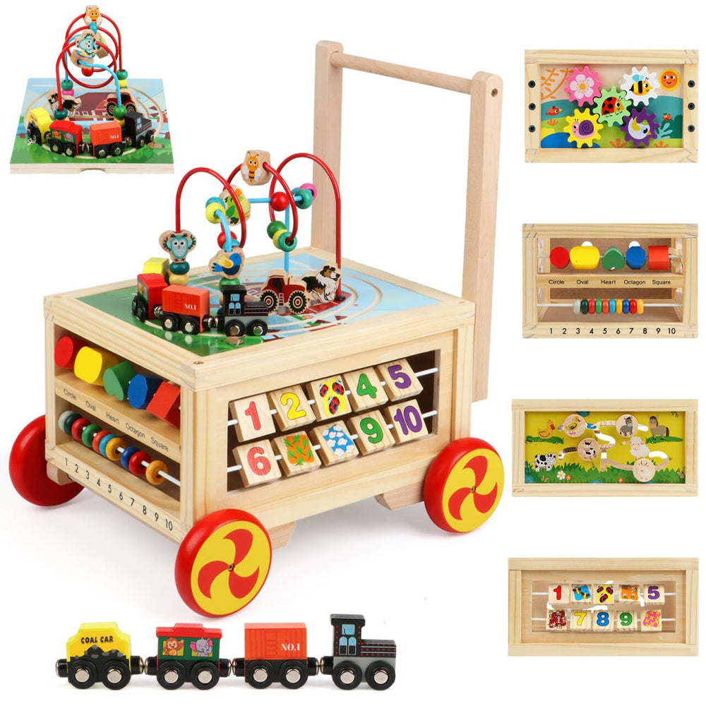 FOPNETS wooden activity cube front view with bead maze to develop fine motor skills.