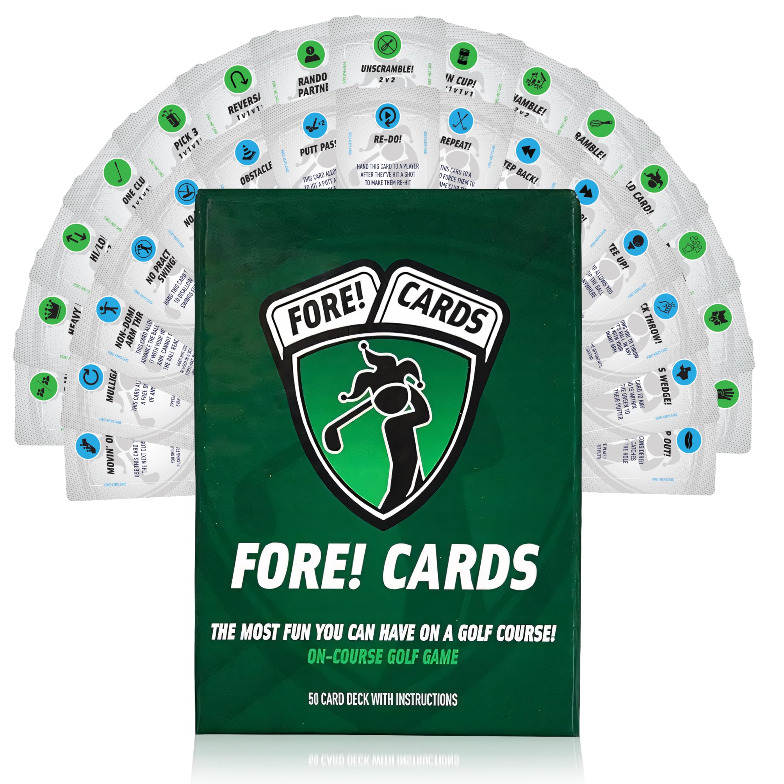 Fore Cards On Course packaging box displaying the on-course card deck for play.