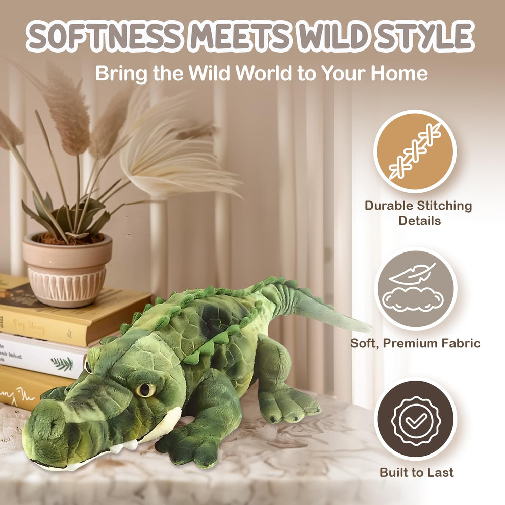 Forest and Twelfth crocodile plush being hugged as a bedtime companion.