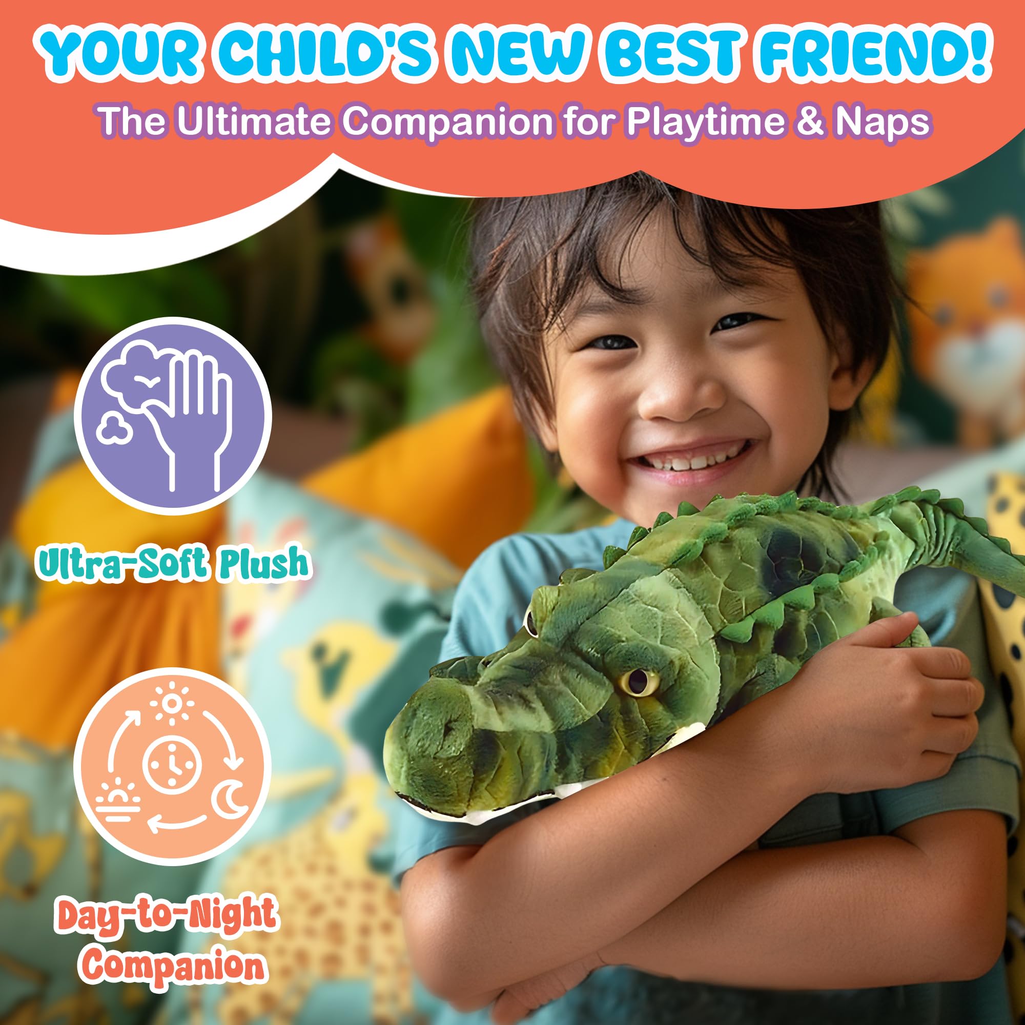 Forest and Twelfth crocodile plush side view highlighting the 17.75-inch size for cuddles.
