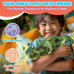Forest and Twelfth crocodile plush side view highlighting the 17.75-inch size for cuddles.