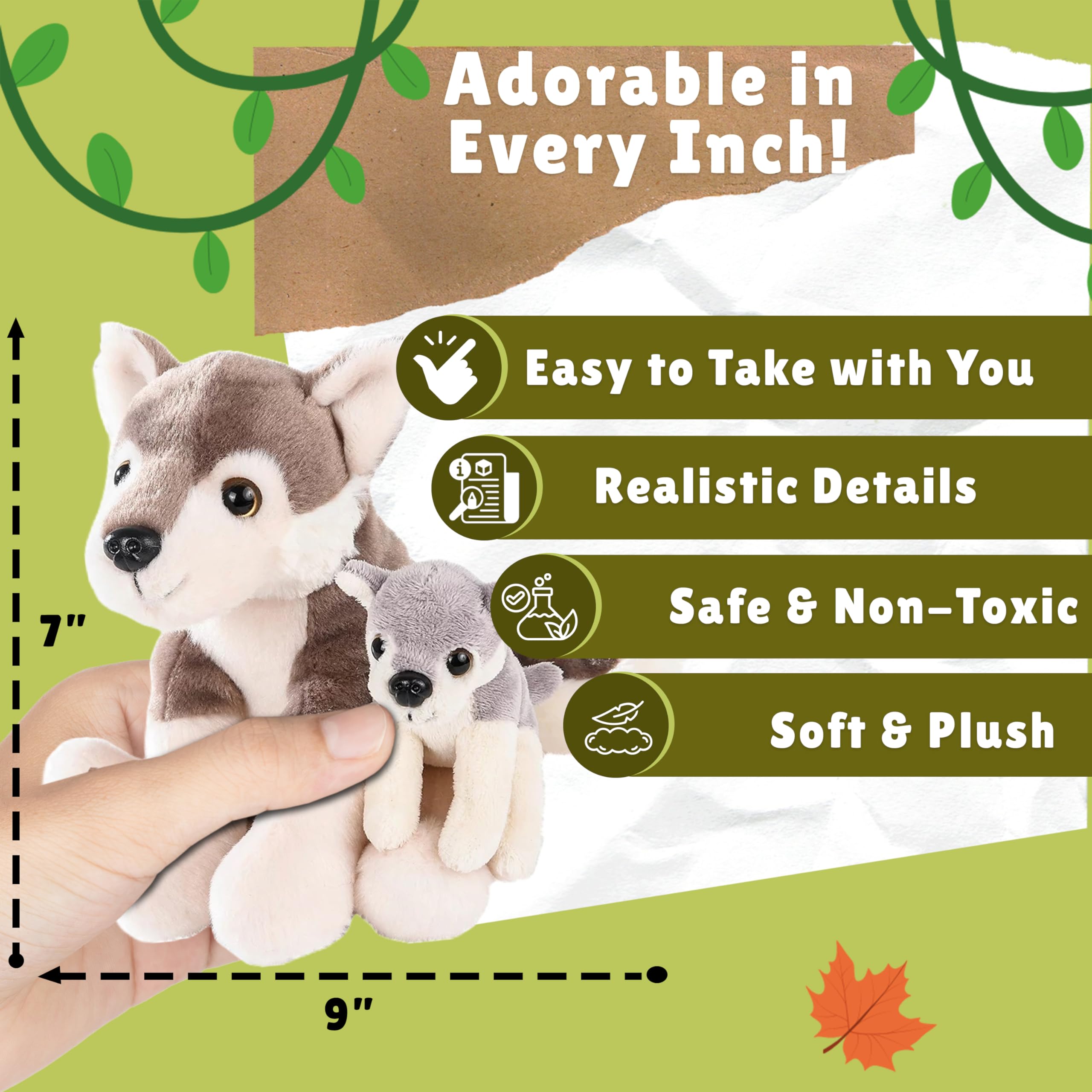 Forest & Twelfth mini wolf closeup plush fur detail, lifelike texture for imaginative play.