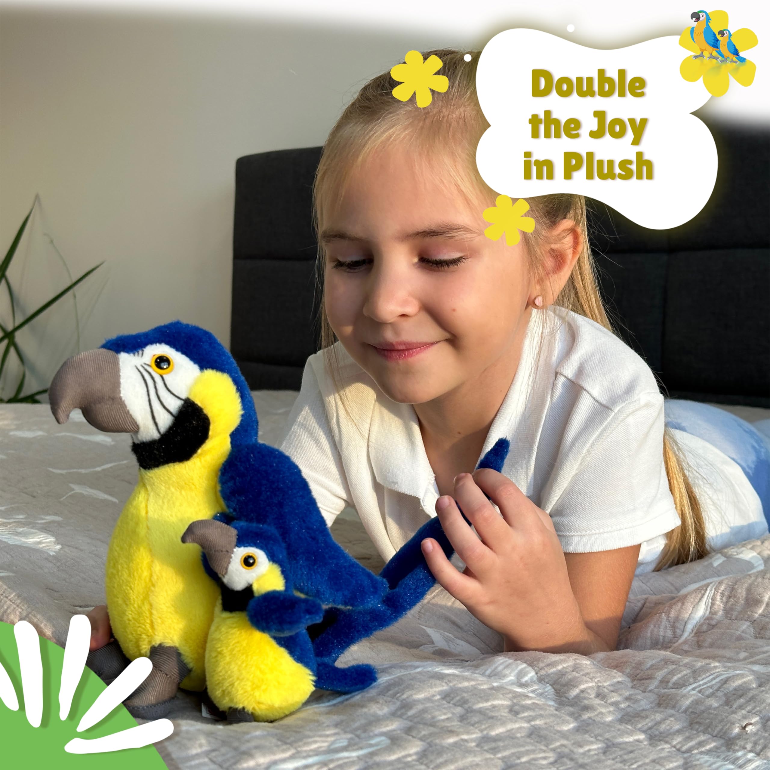 Forest and Twelfth bedtime macaw plush comforts during night routines.
