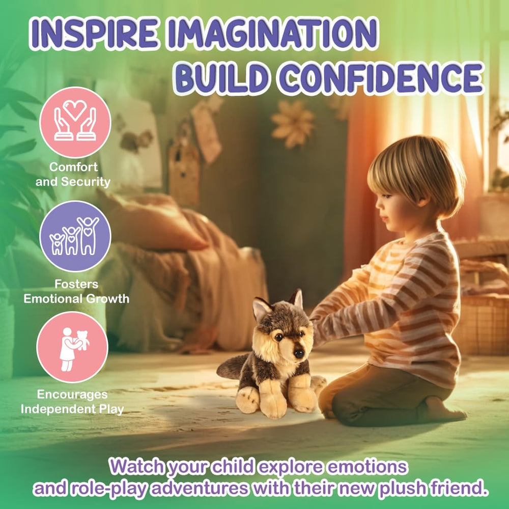 Forest and Twelfth cuddle-ready wolf plush ideal for toddler snuggles and imaginative play.