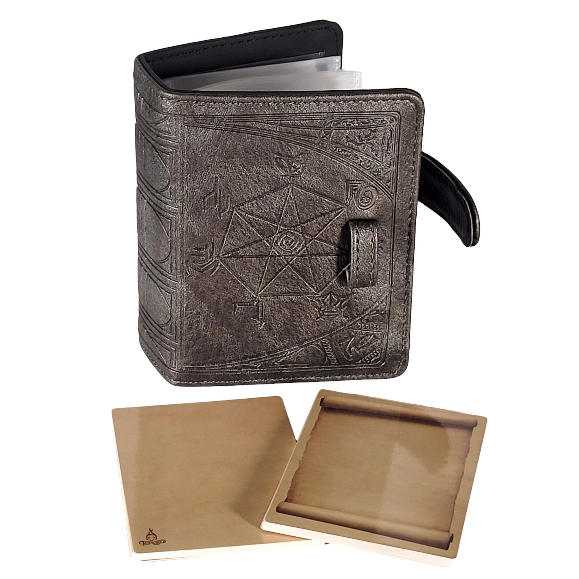 Forged Dice Co. Book of Incantations pewter cover with arcane debossed design for premium spell storage.