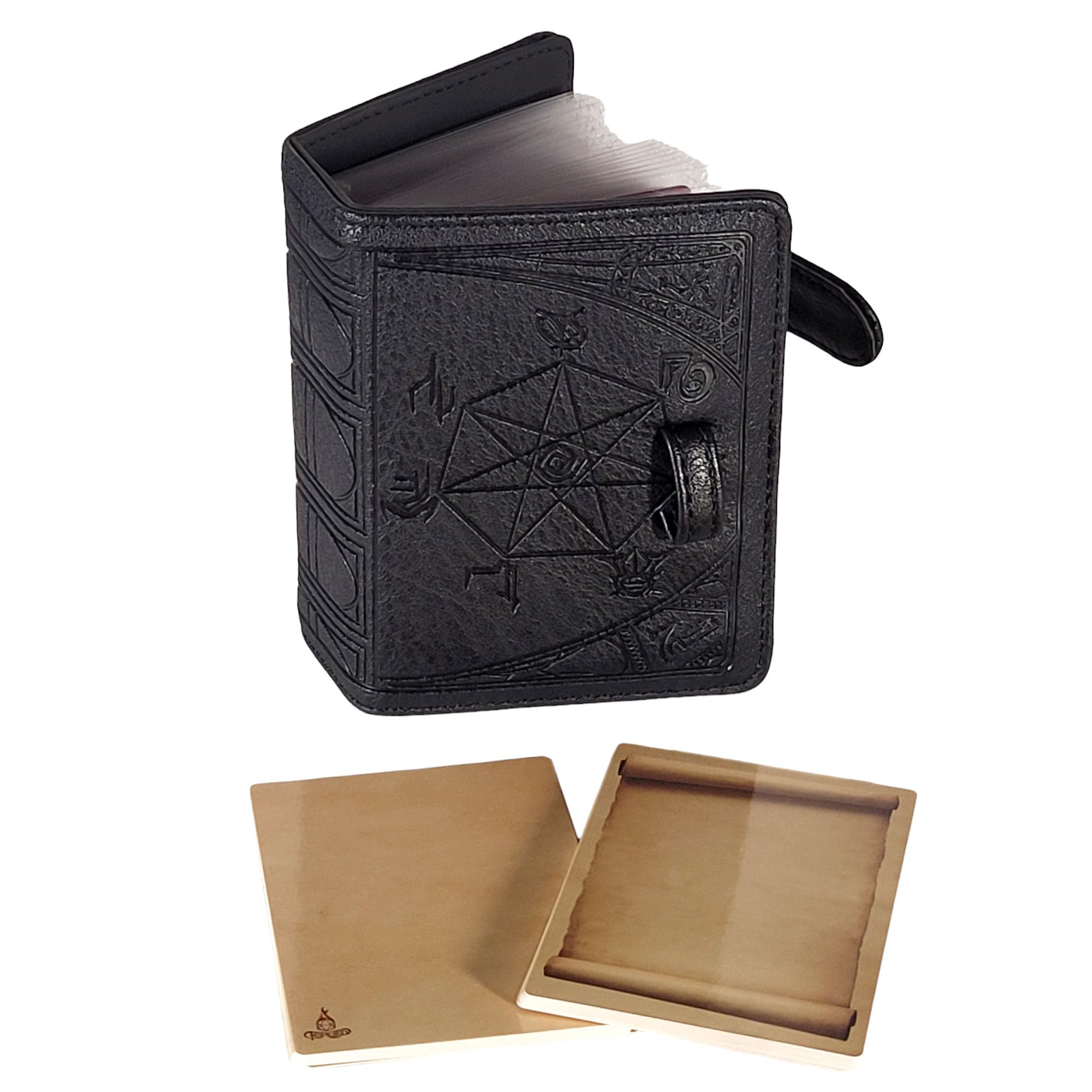 Forged Dice Co. Book of Incantations Tome Edition in black PU leather with arcane debossing—durable spell binder
