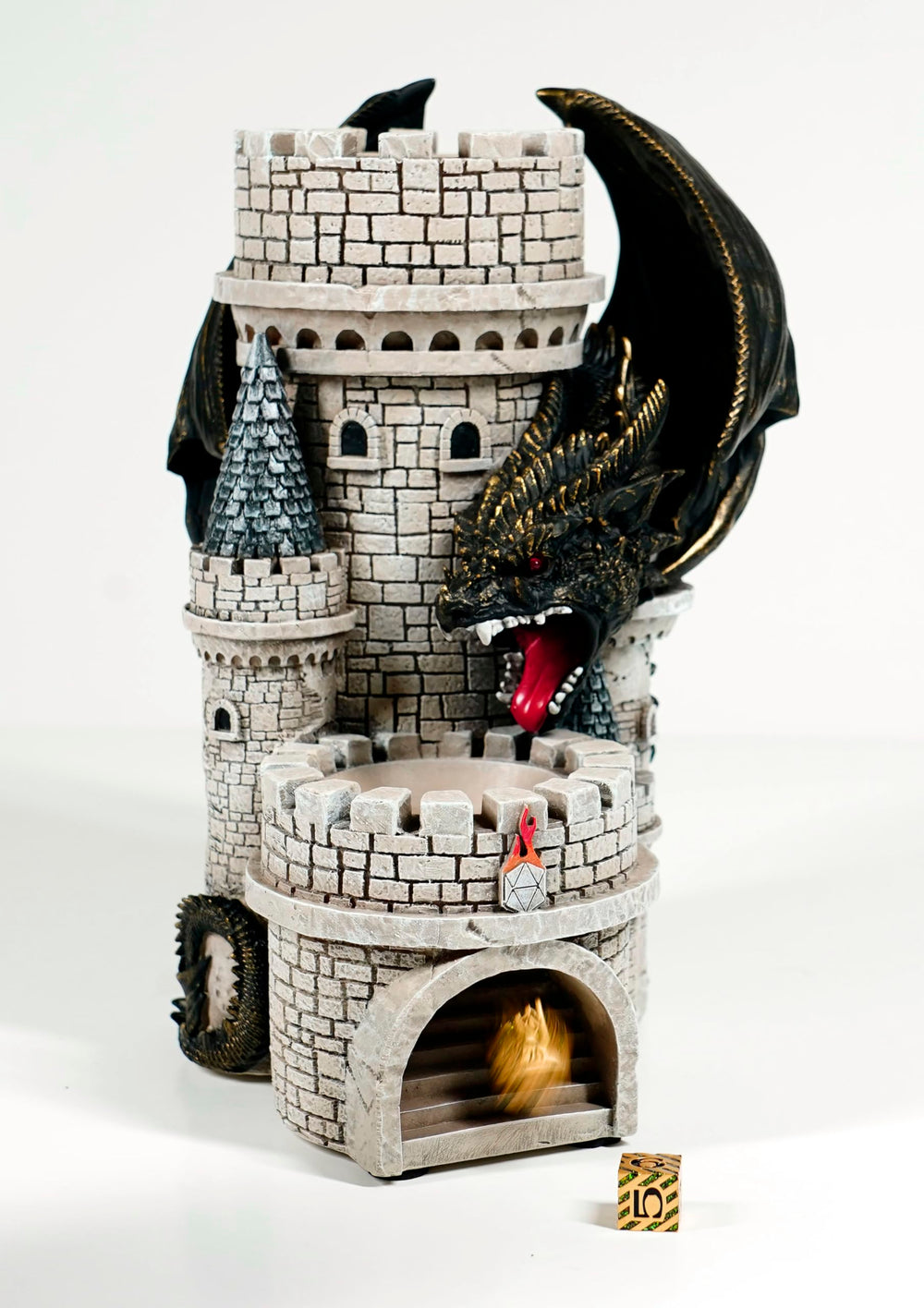 Black finish Dragon’s Keep Dice Tower by Forged Dice Co for tabletop display