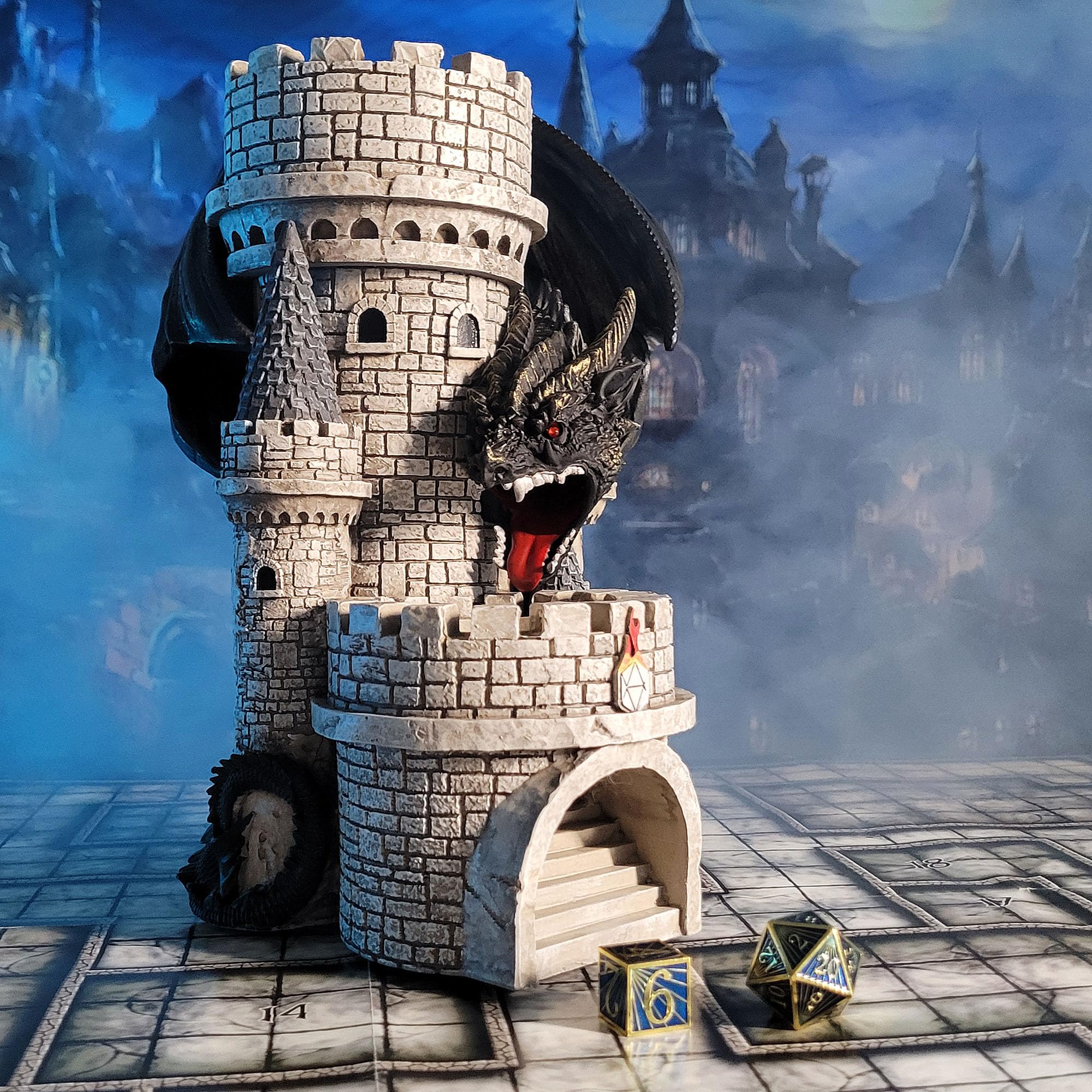 Close-up of hand-painted detail on Forged Dice Co Dragon’s Keep tower