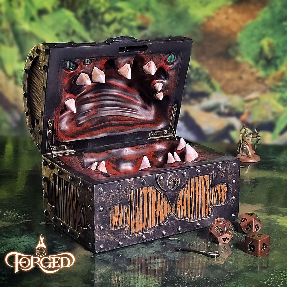 Forged Dice Co. DND chest sits ready for tabletop adventures.