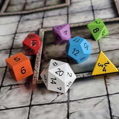 High-quality metal dice with clear black numbers for easy tabletop reading.