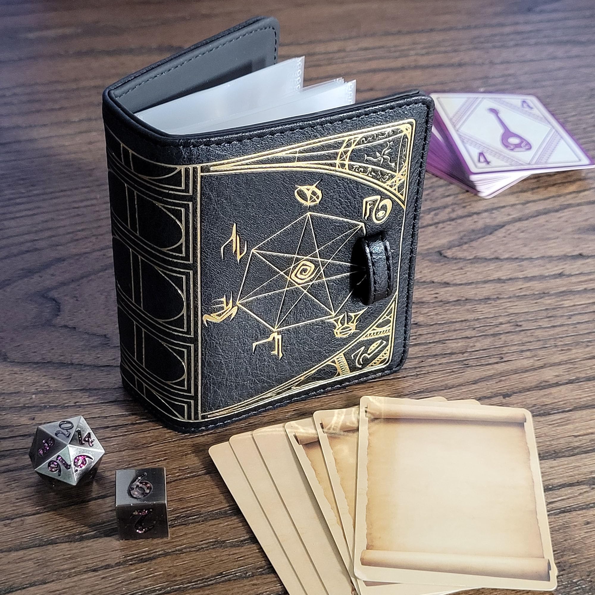 Forged Dice Co 30-page spine holds 30 standard cards or 60 double-slotted storage without bulk.