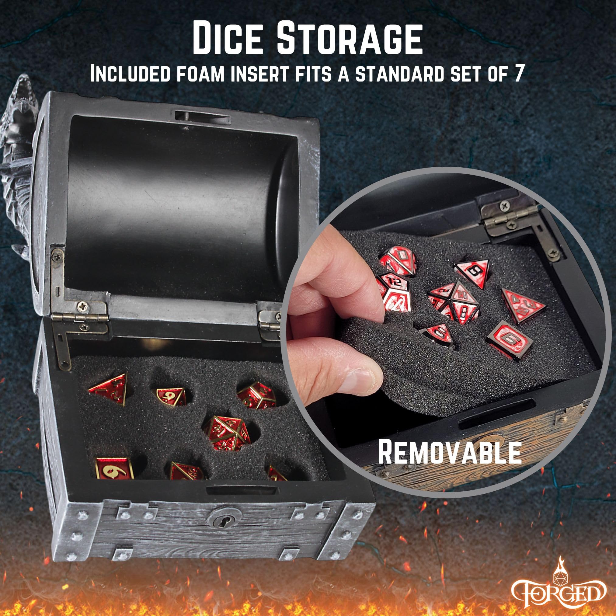 Forged Dice Co. Wyvern Dice Chest shows interior dice tray for organized gameplay.