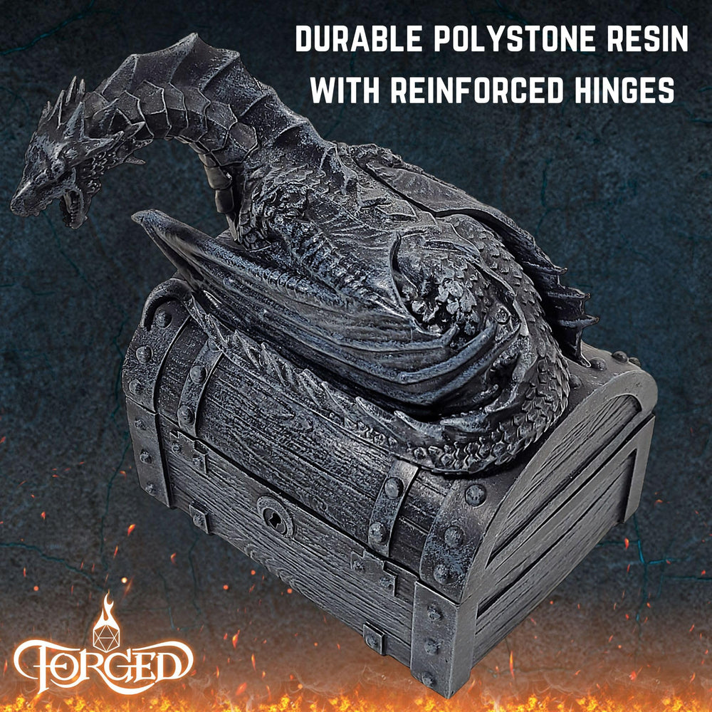 Forged Dice Co. Wyvern Dice Chest with Wyvern guard detail showcases fantasy craftsmanship and durability.