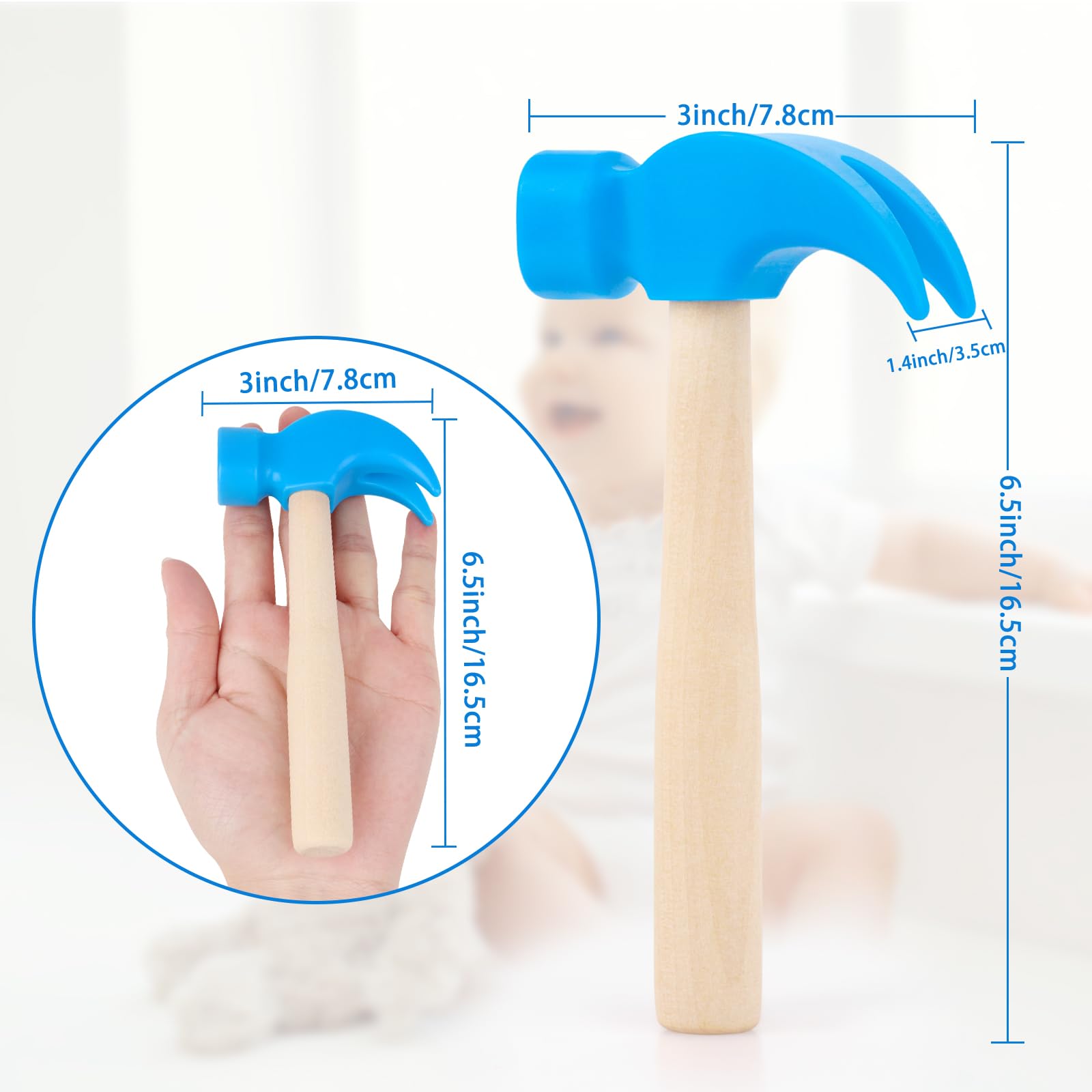 Fowecelt wooden hammer blue side view highlights compact size for small hands.