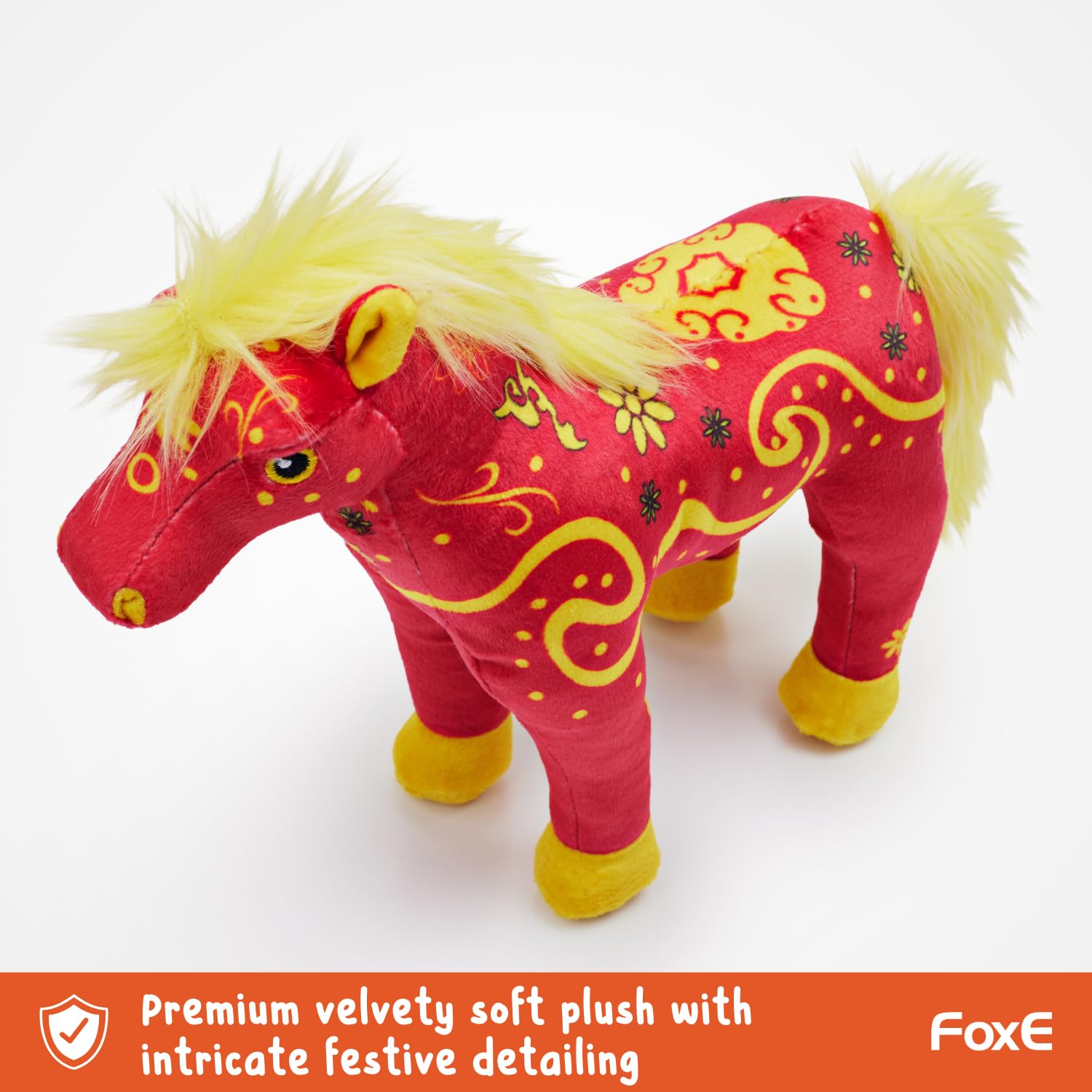 FoxE velvety-soft stuffed toy with traditional zodiac-inspired patterns.