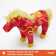 FoxE velvety-soft stuffed toy with traditional zodiac-inspired patterns.