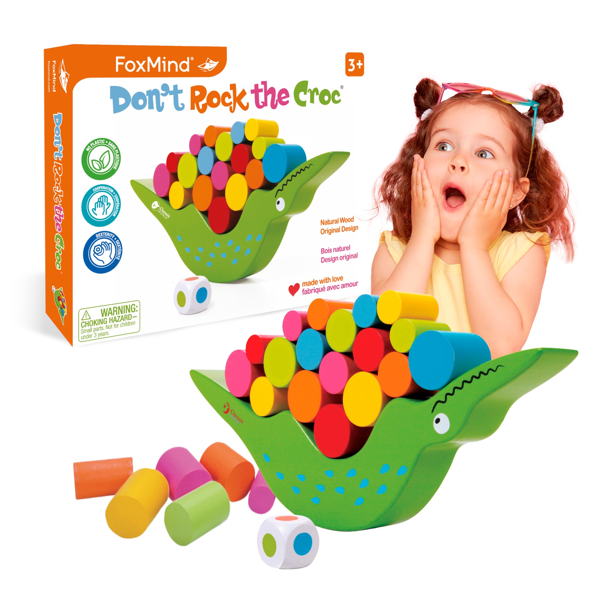 Colorful wooden cylinders for stacking, FoxMind enhances fine motor skills.
