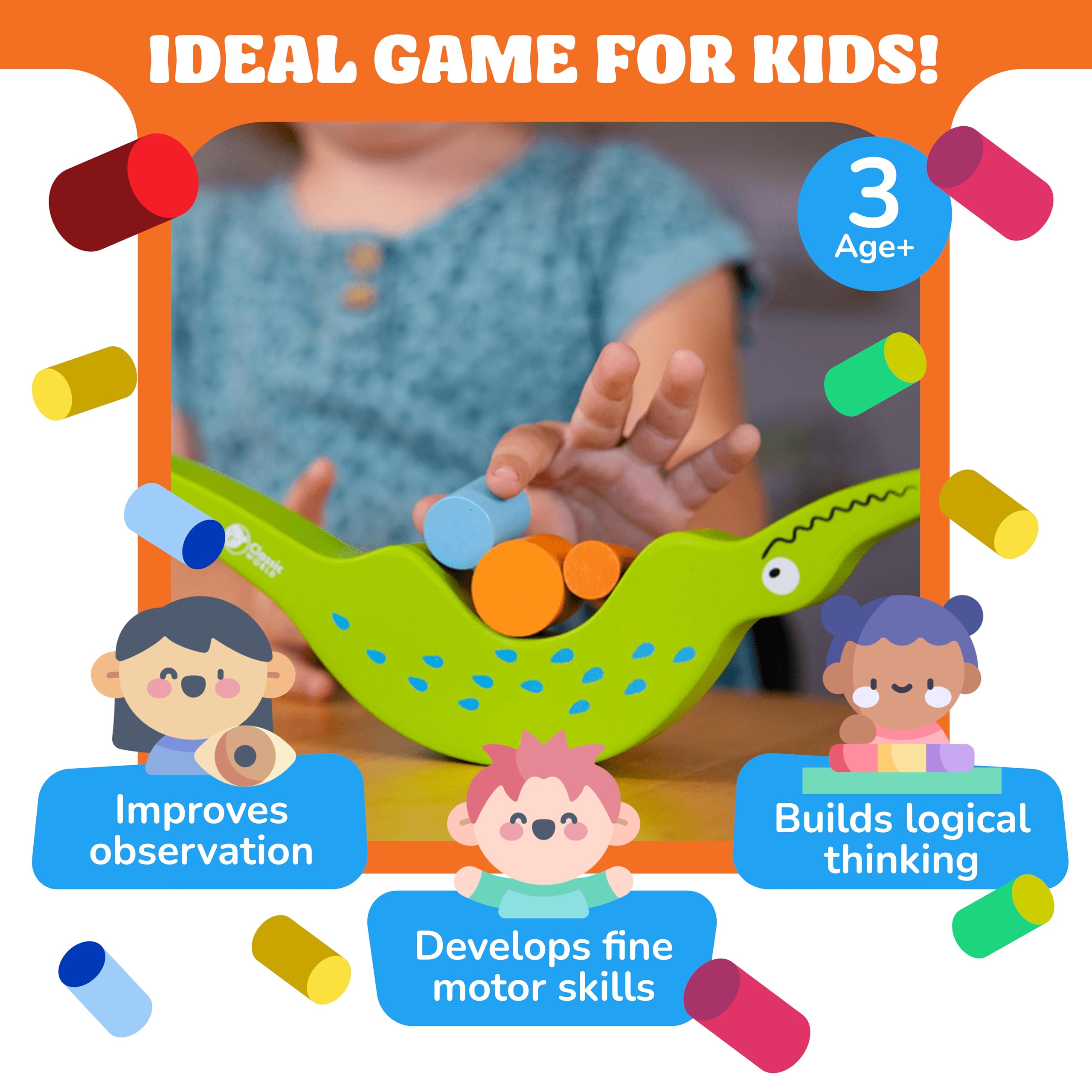 Kids practice fine motor skills while balancing the croc belly with FoxMind.