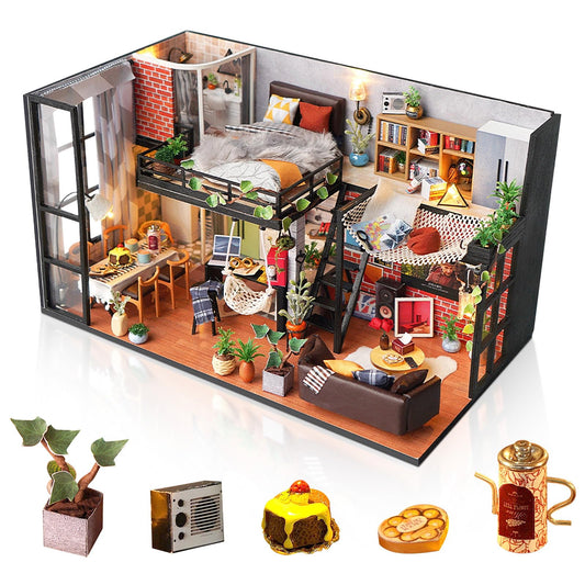 Foyucool DIY miniature house kit with dust cover for easy display protection.