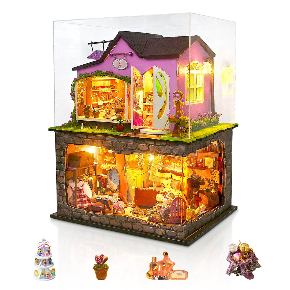Foyucool two-story Witch's Magic Shop dollhouse kit with warm LED lighting for display.