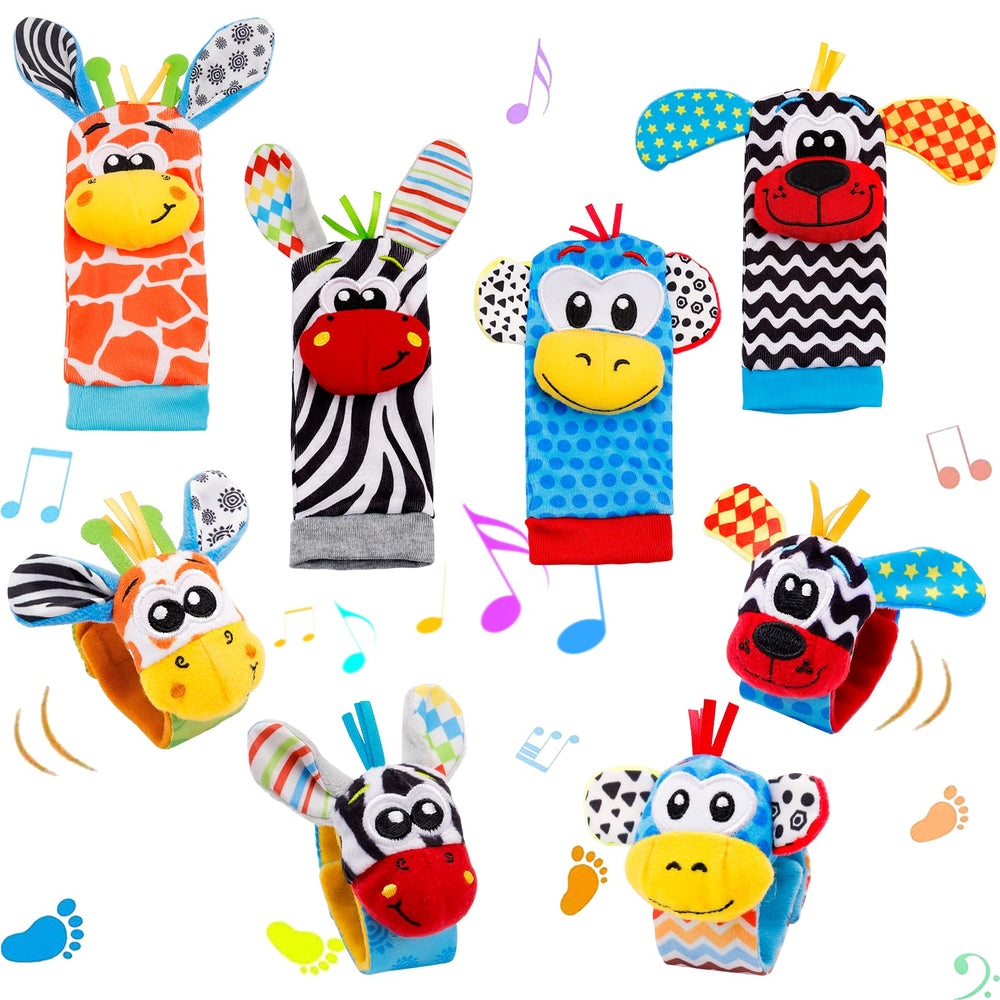 FPVERA baby wrist rattles with animal designs stimulate touch and hearing.