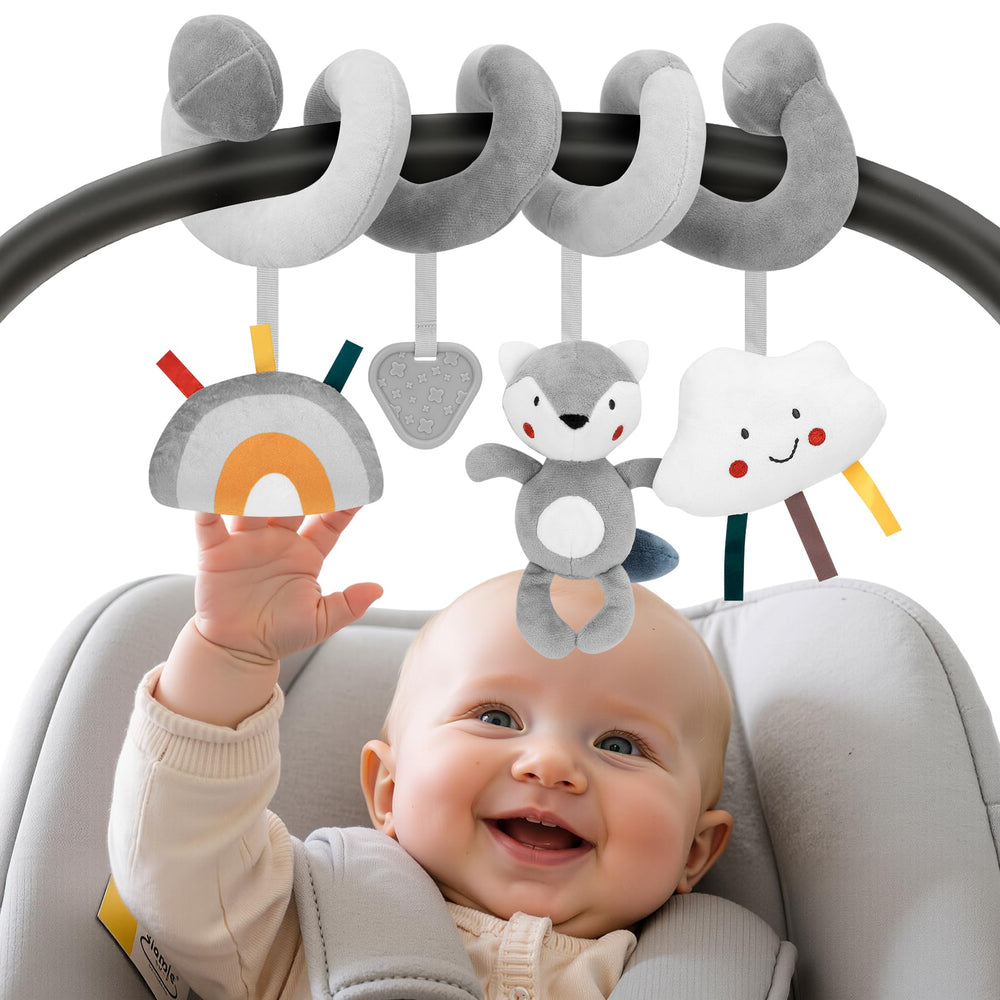 FPVERA car seat toys with colorful plush spiral to entertain babies during travels.