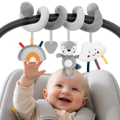 FPVERA car seat toys with colorful plush spiral to entertain babies during travels.