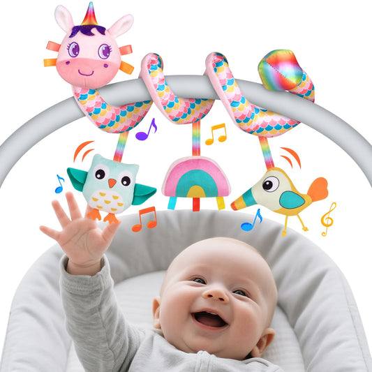 FPVERA spiral arch car seat toy with soft plush figures to spark visual and auditory engagement