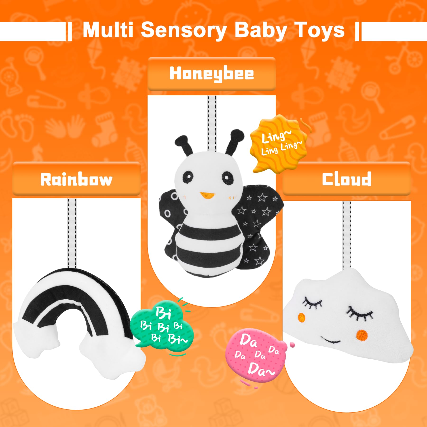FPVERA colorful smiling plush figures stimulate color recognition and early hearing development.
