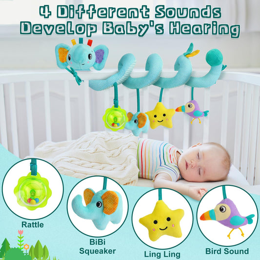 FPVERA spiral arch features a rattle and bell to engage auditory senses.