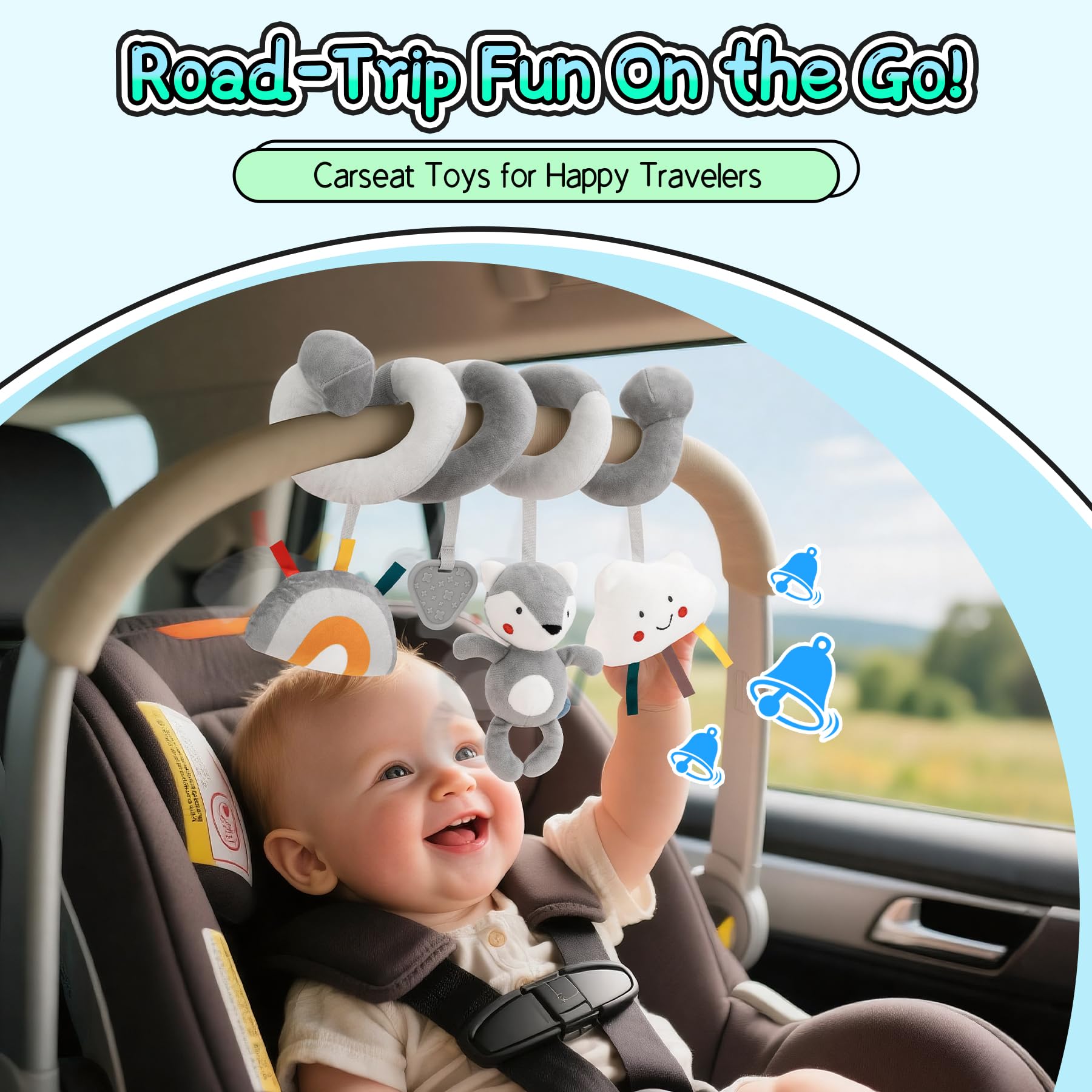 Soft rattle toy hanging from FPVERA encourages reaching and grasping during playtime.