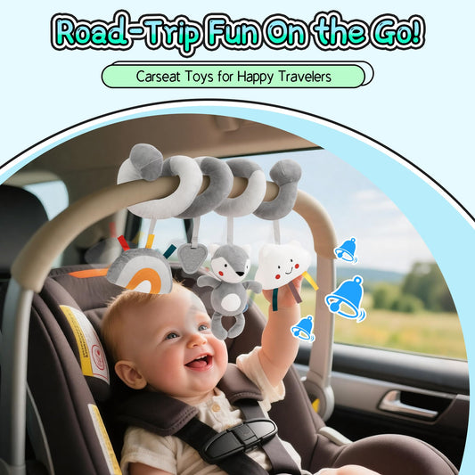 Soft rattle toy hanging from FPVERA encourages reaching and grasping during playtime.