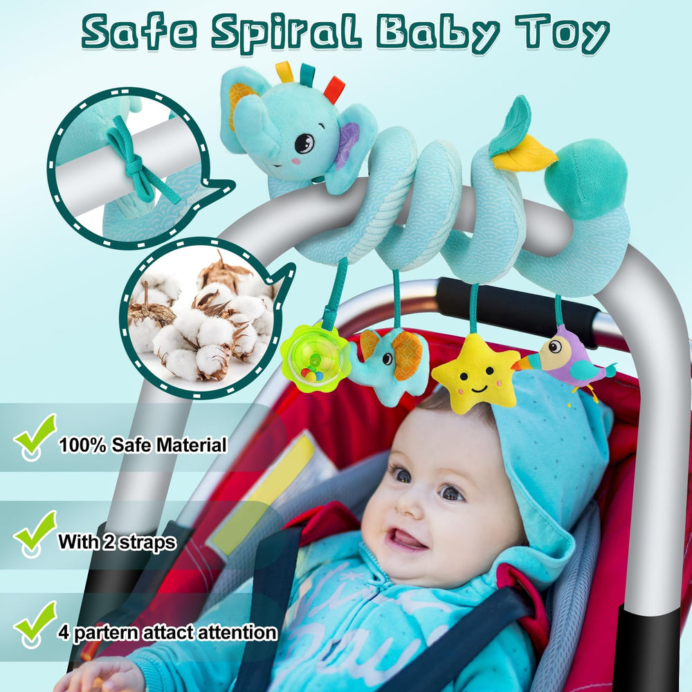 FPVERA spiral arch with soft toys provides safe, portable playtime.