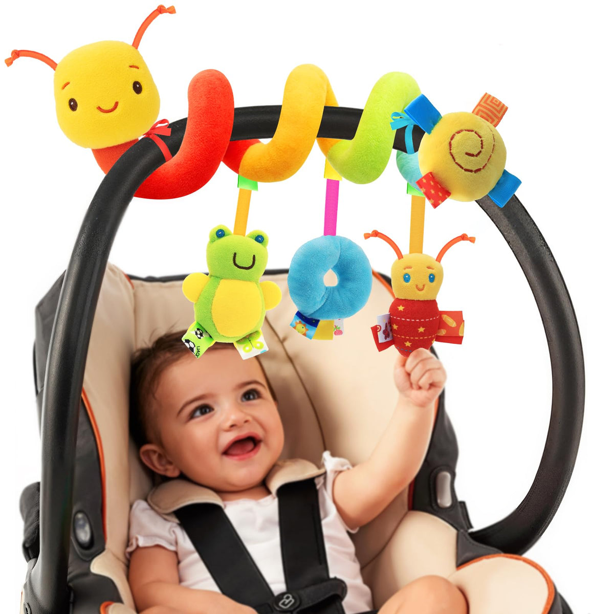 FPVERA spiral car-seat toy with soft plush charms to engage eyes and senses.