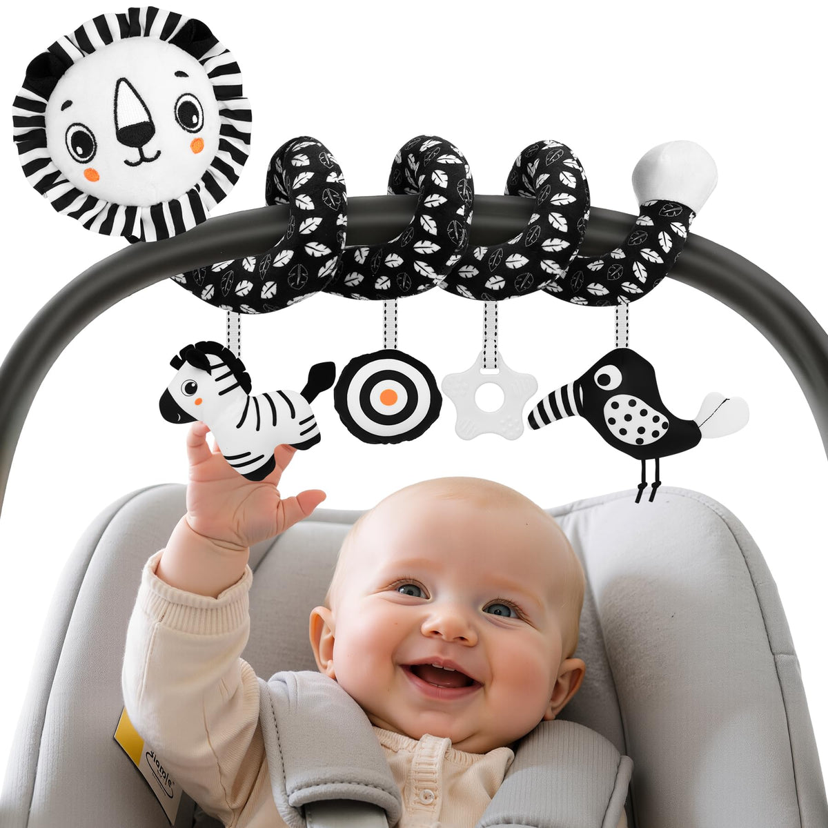 FPVERA spiral plush toy in black and white for visual engagement.